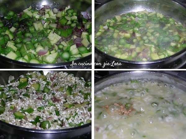 Preparazione del risotto zucchine e asparagi