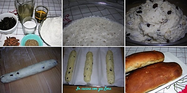 Preparazione del pane di mosto con uvetta e mandorle