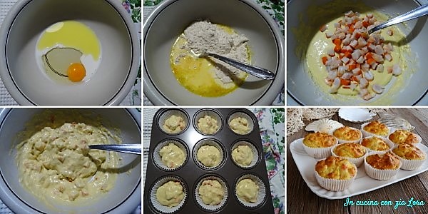 Preparazione dei muffin salati con surimi e gamberetti