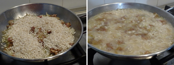 Preparazione del risotto con radicchio rosa